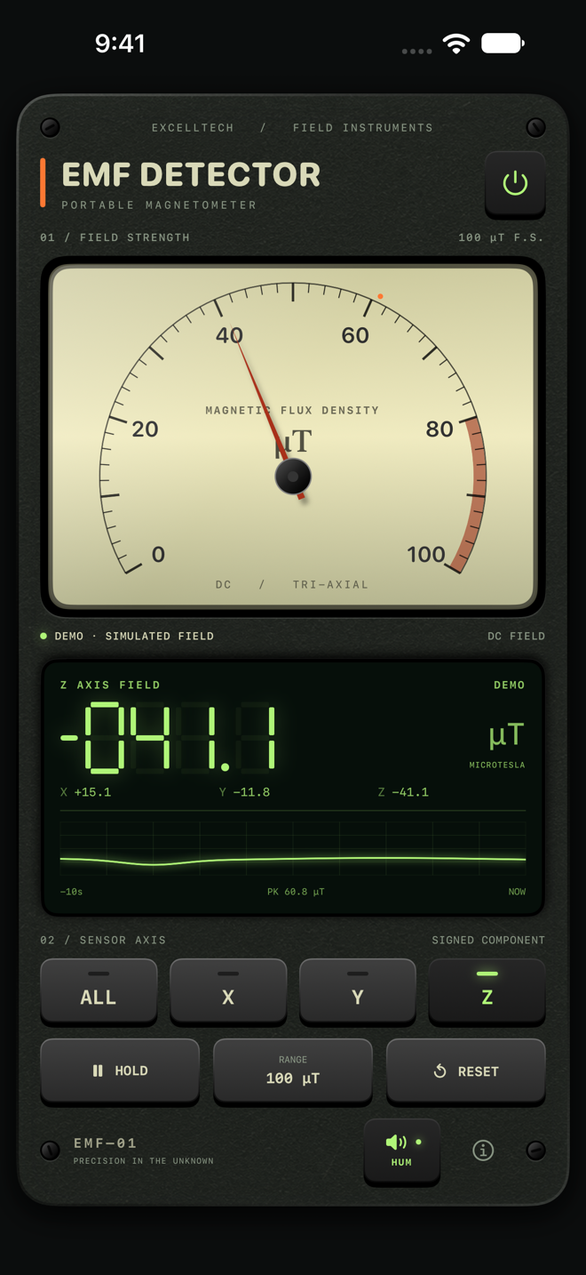 EMF Detector showing an individual magnetic field axis in demonstration mode