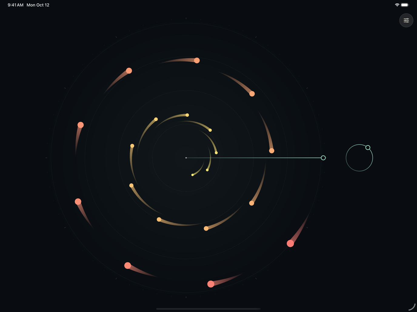 Visual Harmony filling an iPad screen in landscape, with the circular progress control beside the visualization