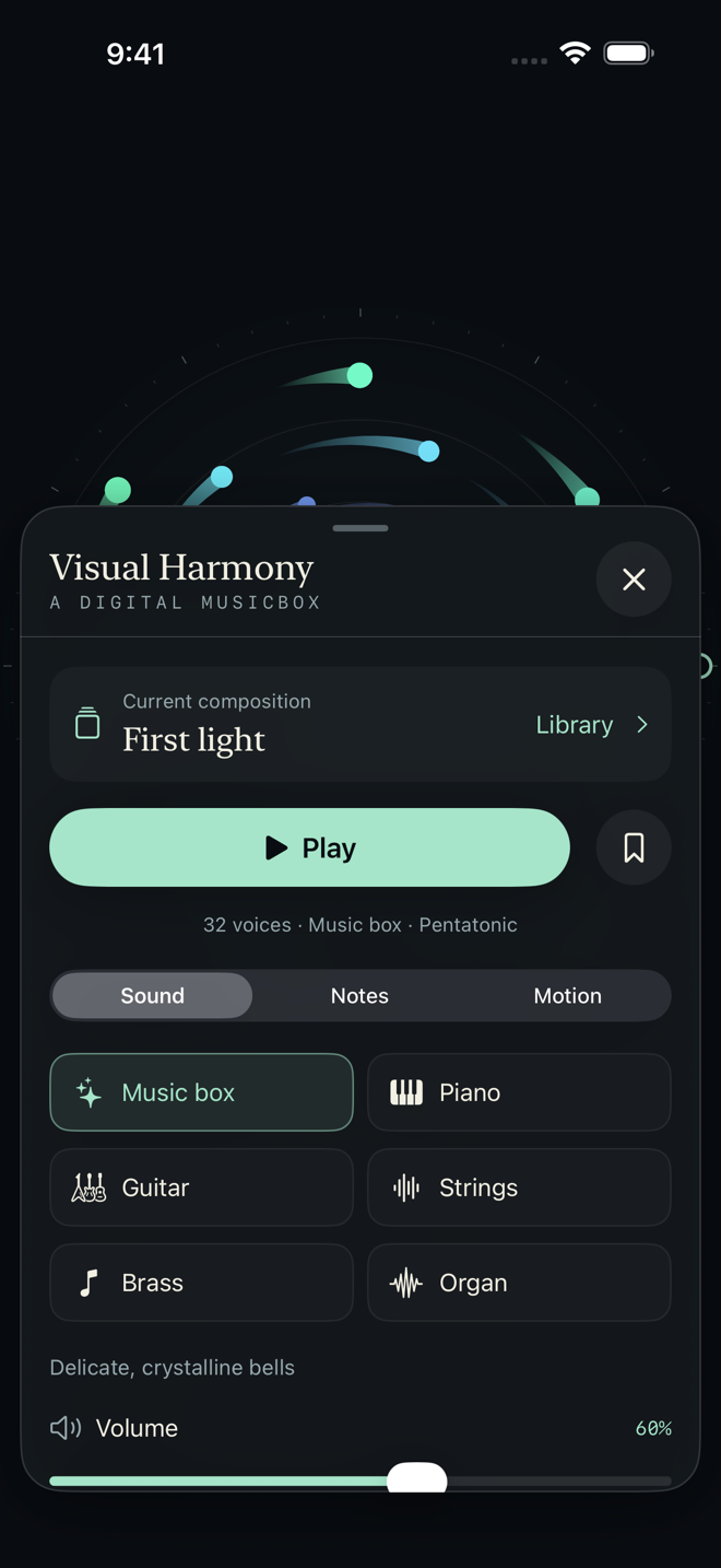 Sound controls showing the six instruments, volume, and room ambience